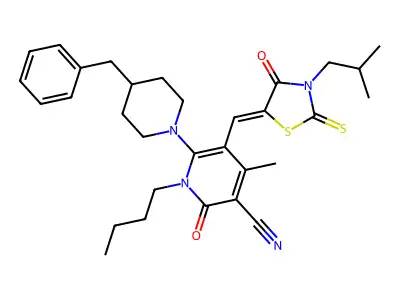6-(4-Benzylpiperidin-1-yl)-1-butyl-4-methyl-5-{[3-(2-methylpropyl)-4-oxo-2-sulfanylidene-1,3-thiazolidin-5-ylidene]methyl}-2-oxo-1,2-dihydropyridine-3-carbonitrile structure