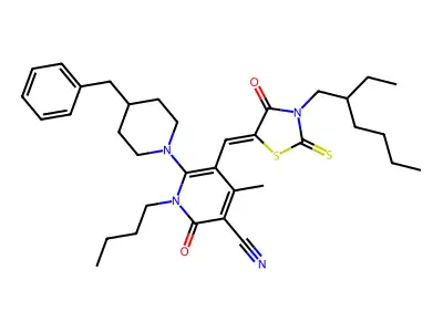 6-(4-Benzylpiperidin-1-yl)-1-butyl-5-{[3-(2-ethylhexyl)-4-oxo-2-sulfanylidene-1,3-thiazolidin-5-ylidene]methyl}-4-methyl-2-oxo-1,2-dihydropyridine-3-carbonitrile structure