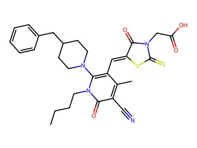(5-{[2-(4-Benzylpiperidin-1-yl)-1-butyl-5-cyano-4-methyl-6-oxo-1,6-dihydropyridin-3-yl]methylidene}-4-oxo-2-sulfanylidene-1,3-thiazolidin-3-yl)acetic acid structure