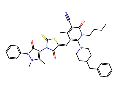 6-(4-benzylpiperidin-1-yl)-1-butyl-5-[[3-(1,5-dimethyl-3-oxo-2-phenylpyrazol-4-yl)-4-oxo-2-sulfanylidene-1,3-thiazolidin-5-ylidene]methyl]-4-methyl-2-oxopyridine-3-carbonitrile structure