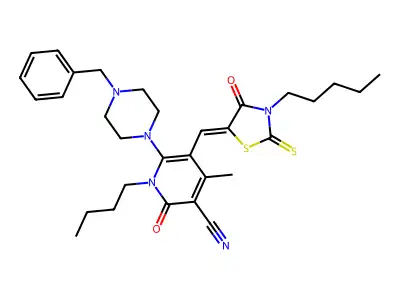 6-(4-benzylpiperazin-1-yl)-1-butyl-4-methyl-2-oxo-5-[(4-oxo-3-pentyl-2-sulfanylidene-1,3-thiazolidin-5-ylidene)methyl]pyridine-3-carbonitrile structure