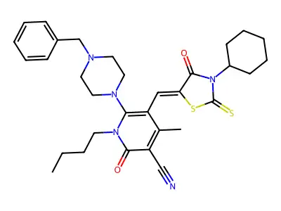 6-(4-benzylpiperazin-1-yl)-1-butyl-5-[(3-cyclohexyl-4-oxo-2-sulfanylidene-1,3-thiazolidin-5-ylidene)methyl]-4-methyl-2-oxopyridine-3-carbonitrile structure