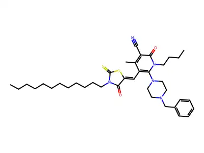 6-(4-Benzylpiperazin-1-yl)-1-butyl-5-[(3-dodecyl-4-oxo-2-sulfanylidene-1,3-thiazolidin-5-ylidene)methyl]-4-methyl-2-oxo-1,2-dihydropyridine-3-carbonitrile structure