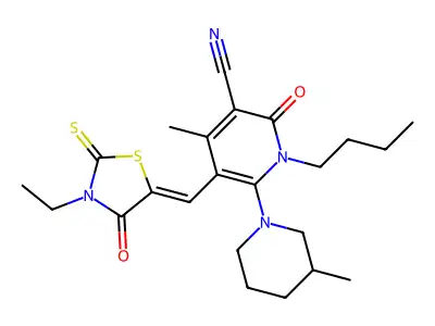 1-Butyl-5-[(3-ethyl-4-oxo-2-sulfanylidene-1,3-thiazolidin-5-ylidene)methyl]-4-methyl-6-(3-methylpiperidin-1-yl)-2-oxo-1,2-dihydropyridine-3-carbonitrile structure