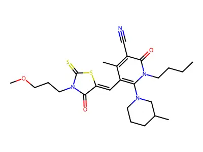 1-Butyl-5-{[3-(3-methoxypropyl)-4-oxo-2-sulfanylidene-1,3-thiazolidin-5-ylidene]methyl}-4-methyl-6-(3-methylpiperidin-1-yl)-2-oxo-1,2-dihydropyridine-3-carbonitrile structure