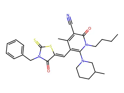 5-[(3-benzyl-4-oxo-2-sulfanylidene-1,3-thiazolidin-5-ylidene)methyl]-1-butyl-4-methyl-6-(3-methylpiperidin-1-yl)-2-oxopyridine-3-carbonitrile structure