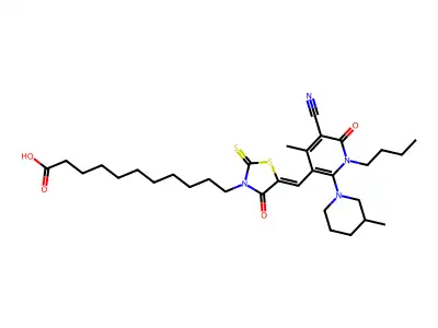 11-(5-{[1-Butyl-5-cyano-4-methyl-2-(3-methylpiperidin-1-yl)-6-oxo-1,6-dihydropyridin-3-yl]methylidene}-4-oxo-2-sulfanylidene-1,3-thiazolidin-3-yl)undecanoic acid structure
