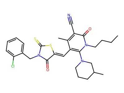 1-Butyl-5-({3-[(2-chlorophenyl)methyl]-4-oxo-2-sulfanylidene-1,3-thiazolidin-5-ylidene}methyl)-4-methyl-6-(3-methylpiperidin-1-yl)-2-oxo-1,2-dihydropyridine-3-carbonitrile structure