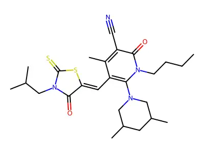 1-butyl-6-(3,5-dimethylpiperidin-1-yl)-4-methyl-5-[[3-(2-methylpropyl)-4-oxo-2-sulfanylidene-1,3-thiazolidin-5-ylidene]methyl]-2-oxopyridine-3-carbonitrile structure