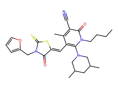 1-Butyl-6-(3,5-dimethylpiperidin-1-yl)-5-({3-[(furan-2-yl)methyl]-4-oxo-2-sulfanylidene-1,3-thiazolidin-5-ylidene}methyl)-4-methyl-2-oxo-1,2-dihydropyridine-3-carbonitrile structure