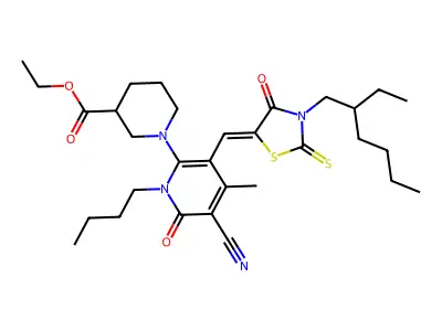 Ethyl 1-(1-butyl-5-cyano-3-{[3-(2-ethylhexyl)-4-oxo-2-sulfanylidene-1,3-thiazolidin-5-ylidene]methyl}-4-methyl-6-oxo-1,6-dihydropyridin-2-yl)piperidine-3-carboxylate structure