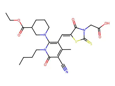 2-[5-[[1-butyl-5-cyano-2-(3-ethoxycarbonylpiperidin-1-yl)-4-methyl-6-oxopyridin-3-yl]methylidene]-4-oxo-2-sulfanylidene-1,3-thiazolidin-3-yl]acetic acid structure