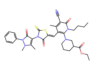 ethyl 1-[1-butyl-5-cyano-3-[[3-(1,5-dimethyl-3-oxo-2-phenylpyrazol-4-yl)-4-oxo-2-sulfanylidene-1,3-thiazolidin-5-ylidene]methyl]-4-methyl-6-oxopyridin-2-yl]piperidine-3-carboxylate structure