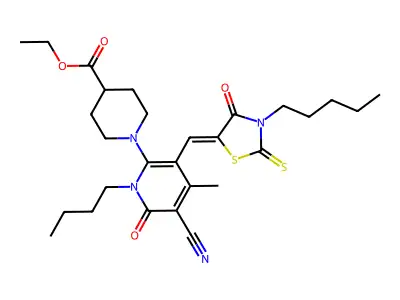 Ethyl 1-{1-butyl-5-cyano-4-methyl-6-oxo-3-[(4-oxo-3-pentyl-2-sulfanylidene-1,3-thiazolidin-5-ylidene)methyl]-1,6-dihydropyridin-2-yl}piperidine-4-carboxylate structure