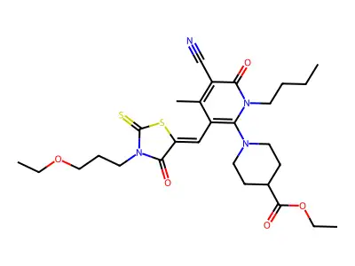 ethyl 1-[1-butyl-5-cyano-3-[[3-(3-ethoxypropyl)-4-oxo-2-sulfanylidene-1,3-thiazolidin-5-ylidene]methyl]-4-methyl-6-oxopyridin-2-yl]piperidine-4-carboxylate structure