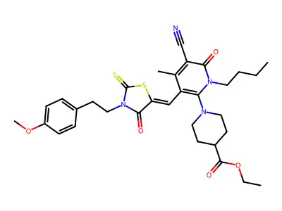 ethyl 1-[1-butyl-5-cyano-3-[[3-[2-(4-methoxyphenyl)ethyl]-4-oxo-2-sulfanylidene-1,3-thiazolidin-5-ylidene]methyl]-4-methyl-6-oxopyridin-2-yl]piperidine-4-carboxylate structure