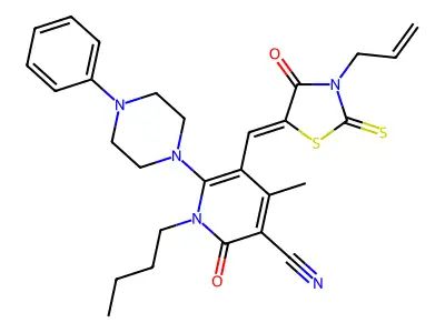 1-Butyl-4-methyl-2-oxo-5-{[4-oxo-3-(prop-2-en-1-yl)-2-sulfanylidene-1,3-thiazolidin-5-ylidene]methyl}-6-(4-phenylpiperazin-1-yl)-1,2-dihydropyridine-3-carbonitrile structure