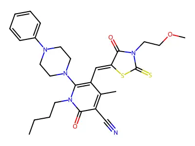 1-Butyl-5-{[3-(2-methoxyethyl)-4-oxo-2-sulfanylidene-1,3-thiazolidin-5-ylidene]methyl}-4-methyl-2-oxo-6-(4-phenylpiperazin-1-yl)-1,2-dihydropyridine-3-carbonitrile structure