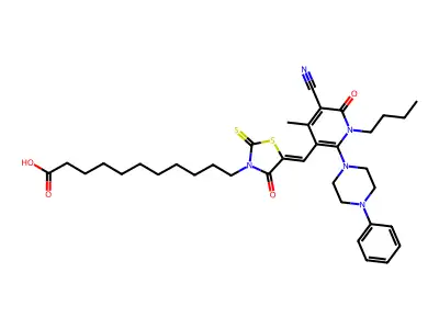 11-(5-{[1-Butyl-5-cyano-4-methyl-6-oxo-2-(4-phenylpiperazin-1-yl)-1,6-dihydropyridin-3-yl]methylidene}-4-oxo-2-sulfanylidene-1,3-thiazolidin-3-yl)undecanoic acid structure