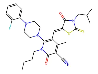 1-Butyl-6-[4-(2-fluorophenyl)piperazin-1-yl]-4-methyl-5-{[3-(2-methylpropyl)-4-oxo-2-sulfanylidene-1,3-thiazolidin-5-ylidene]methyl}-2-oxo-1,2-dihydropyridine-3-carbonitrile structure
