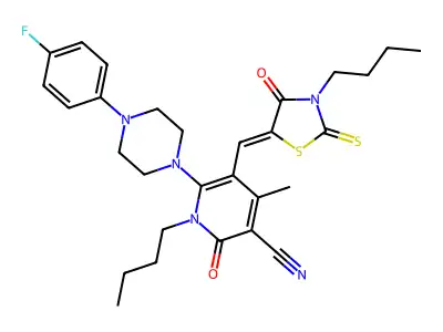 1-Butyl-5-[(3-butyl-4-oxo-2-sulfanylidene-1,3-thiazolidin-5-ylidene)methyl]-6-[4-(4-fluorophenyl)piperazin-1-yl]-4-methyl-2-oxo-1,2-dihydropyridine-3-carbonitrile structure