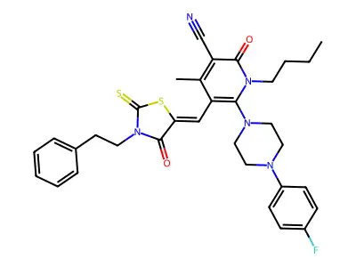 1-butyl-6-[4-(4-fluorophenyl)piperazin-1-yl]-4-methyl-2-oxo-5-[(4-oxo-3-phenethyl-2-sulfanylidene-1,3-thiazolidin-5-ylidene)methyl]pyridine-3-carbonitrile structure