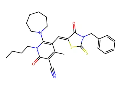 6-(Azepan-1-yl)-5-[(3-benzyl-4-oxo-2-sulfanylidene-1,3-thiazolidin-5-ylidene)methyl]-1-butyl-4-methyl-2-oxo-1,2-dihydropyridine-3-carbonitrile structure