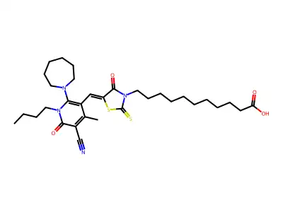 11-[5-[[2-(azepan-1-yl)-1-butyl-5-cyano-4-methyl-6-oxopyridin-3-yl]methylidene]-4-oxo-2-sulfanylidene-1,3-thiazolidin-3-yl]undecanoic acid structure