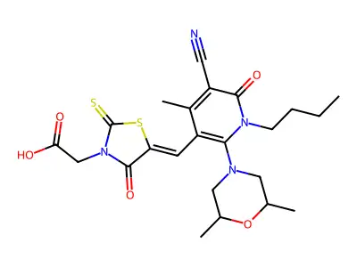 (5-{[1-Butyl-5-cyano-2-(2,6-dimethylmorpholin-4-yl)-4-methyl-6-oxo-1,6-dihydropyridin-3-yl]methylidene}-4-oxo-2-sulfanylidene-1,3-thiazolidin-3-yl)acetic acid structure