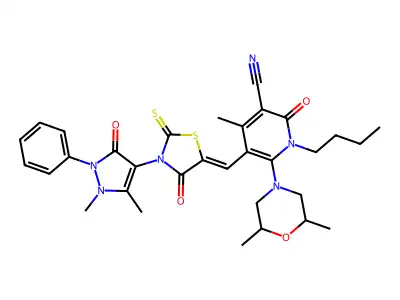 1-butyl-6-(2,6-dimethylmorpholin-4-yl)-5-[[3-(1,5-dimethyl-3-oxo-2-phenylpyrazol-4-yl)-4-oxo-2-sulfanylidene-1,3-thiazolidin-5-ylidene]methyl]-4-methyl-2-oxopyridine-3-carbonitrile structure