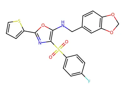 N-[(2H-1,3-Benzodioxol-5-yl)methyl]-4-(4-fluorobenzene-1-sulfonyl)-2-(thiophen-2-yl)-1,3-oxazol-5-amine structure