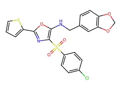 N-(1,3-benzodioxol-5-ylmethyl)-4-(4-chlorophenyl)sulfonyl-2-thiophen-2-yl-1,3-oxazol-5-amine structure