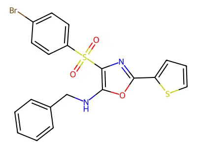 N-benzyl-4-(4-bromophenyl)sulfonyl-2-thiophen-2-yl-1,3-oxazol-5-amine structure