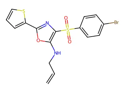 4-(4-bromophenyl)sulfonyl-N-prop-2-enyl-2-thiophen-2-yl-1,3-oxazol-5-amine structure