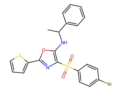 4-(4-bromophenyl)sulfonyl-N-(1-phenylethyl)-2-thiophen-2-yl-1,3-oxazol-5-amine structure