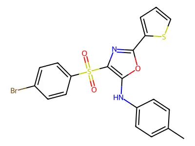 4-(4-bromophenyl)sulfonyl-N-(4-methylphenyl)-2-thiophen-2-yl-1,3-oxazol-5-amine structure