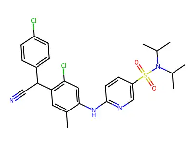 6-{5-Chloro-4-[(4-chlorophenyl)(cyano)methyl]-2-methylanilino}-N,N-di(propan-2-yl)pyridine-3-sulfonamide structure
