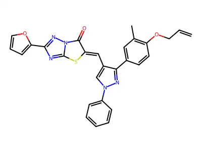 2-(Furan-2-yl)-5-[(3-{3-methyl-4-[(prop-2-en-1-yl)oxy]phenyl}-1-phenyl-1H-pyrazol-4-yl)methylidene][1,3]thiazolo[3,2-b][1,2,4]triazol-6(5H)-one structure