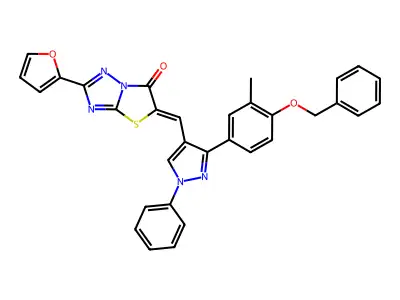 5-({3-[4-(Benzyloxy)-3-methylphenyl]-1-phenyl-1H-pyrazol-4-yl}methylidene)-2-(furan-2-yl)[1,3]thiazolo[3,2-b][1,2,4]triazol-6(5H)-one structure