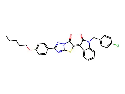 1-[(4-Chlorophenyl)methyl]-3-{6-oxo-2-[4-(pentyloxy)phenyl][1,3]thiazolo[3,2-b][1,2,4]triazol-5(6H)-ylidene}-1,3-dihydro-2H-indol-2-one structure