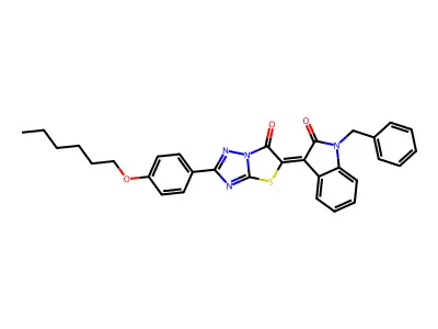1-Benzyl-3-{2-[4-(hexyloxy)phenyl]-6-oxo[1,3]thiazolo[3,2-b][1,2,4]triazol-5(6H)-ylidene}-1,3-dihydro-2H-indol-2-one structure