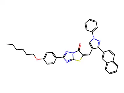2-[4-(Hexyloxy)phenyl]-5-{[3-(naphthalen-2-yl)-1-phenyl-1H-pyrazol-4-yl]methylidene}[1,3]thiazolo[3,2-b][1,2,4]triazol-6(5H)-one structure