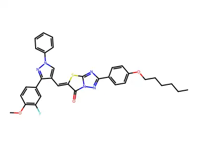 5-{[3-(3-Fluoro-4-methoxyphenyl)-1-phenyl-1H-pyrazol-4-yl]methylidene}-2-[4-(hexyloxy)phenyl][1,3]thiazolo[3,2-b][1,2,4]triazol-6(5H)-one structure