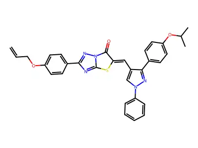 5-[[1-phenyl-3-(4-propan-2-yloxyphenyl)pyrazol-4-yl]methylidene]-2-(4-prop-2-enoxyphenyl)-[1,3]thiazolo[3,2-b][1,2,4]triazol-6-one structure