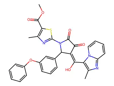 methyl 2-[4-[hydroxy-(2-methylimidazo[1,2-a]pyridin-3-yl)methylidene]-2,3-dioxo-5-(3-phenoxyphenyl)pyrrolidin-1-yl]-4-methyl-1,3-thiazole-5-carboxylate structure