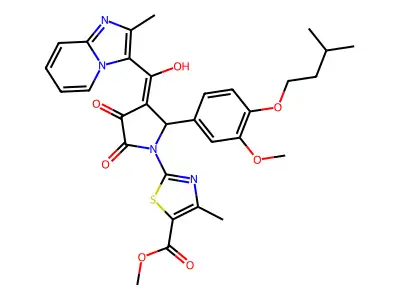 Methyl 2-{3-[hydroxy(2-methylimidazo[1,2-a]pyridin-3-yl)methylidene]-2-[3-methoxy-4-(3-methylbutoxy)phenyl]-4,5-dioxopyrrolidin-1-yl}-4-methyl-1,3-thiazole-5-carboxylate structure