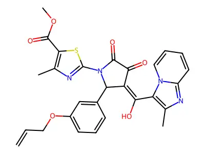 Methyl 2-(3-[hydroxy(2-methylimidazo[1,2-a]pyridin-3-yl)methylidene]-4,5-dioxo-2-{3-[(prop-2-en-1-yl)oxy]phenyl}pyrrolidin-1-yl)-4-methyl-1,3-thiazole-5-carboxylate structure