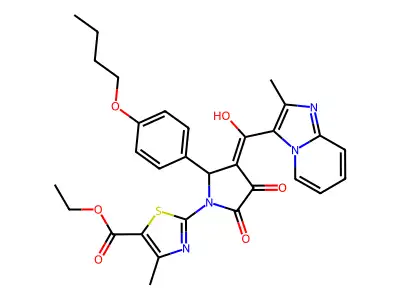Ethyl 2-{2-(4-butoxyphenyl)-3-[hydroxy(2-methylimidazo[1,2-a]pyridin-3-yl)methylidene]-4,5-dioxopyrrolidin-1-yl}-4-methyl-1,3-thiazole-5-carboxylate structure