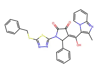 1-(5-benzylsulfanyl-1,3,4-thiadiazol-2-yl)-4-[hydroxy-(2-methylimidazo[1,2-a]pyridin-3-yl)methylidene]-5-phenylpyrrolidine-2,3-dione structure