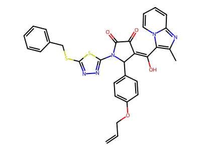 1-[5-(Benzylsulfanyl)-1,3,4-thiadiazol-2-yl]-4-[hydroxy(2-methylimidazo[1,2-a]pyridin-3-yl)methylidene]-5-{4-[(prop-2-en-1-yl)oxy]phenyl}pyrrolidine-2,3-dione structure
